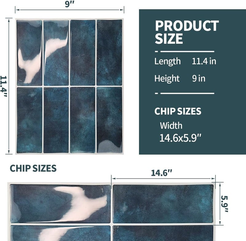 DaGou Peel and Stick Backsplash 3D Wall Tiles,Self-Adhesive,Oil Proof,Waterproof, Removable Wall Panels for Kitchen & Bathroom,Modern Design, Easy Install (10.7ft，12x9 inch,14 Pack) (Blue) - Image 2